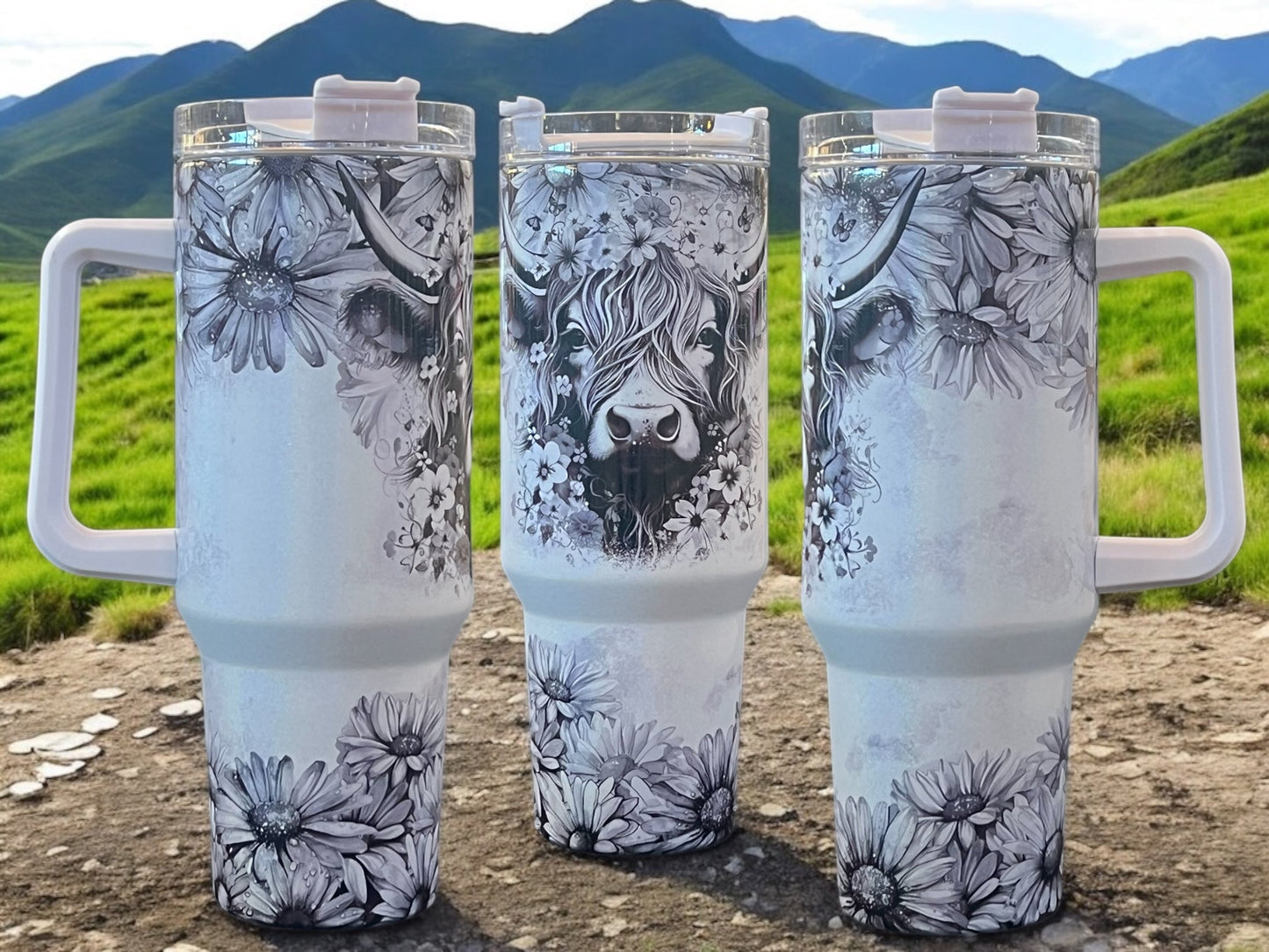 Black & White Cow Holographic Sparkle - 40oz Stainless Steel Thirst Quencher Travel Cup Tumbler