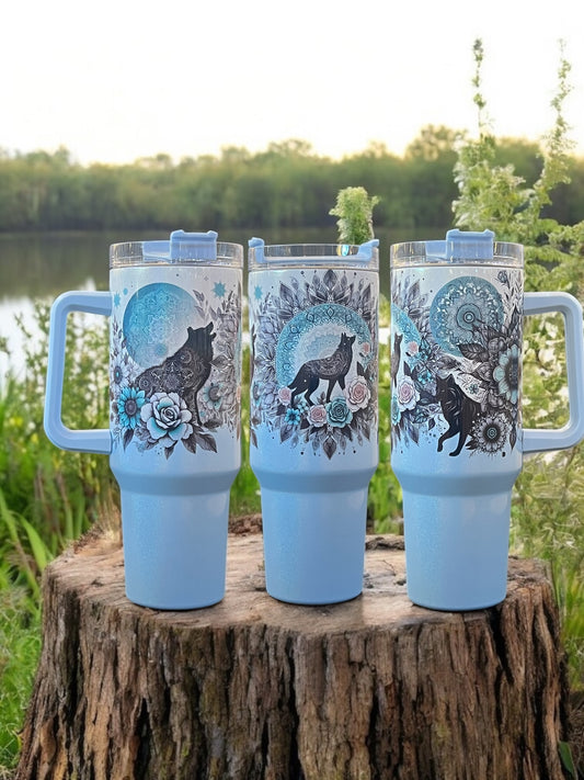 Wolf’s flowers holographic shimmer 40oz Stainless Steel Thirst Quencher Travel Cup Tumblers