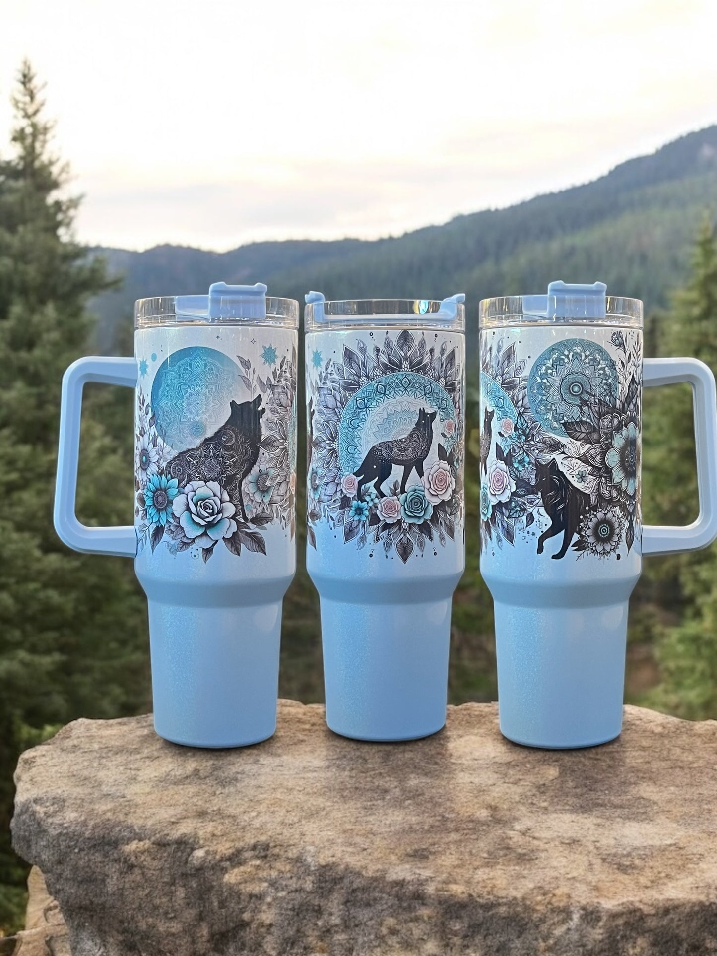 Wolf’s flowers holographic shimmer 40oz Stainless Steel Thirst Quencher Travel Cup Tumblers