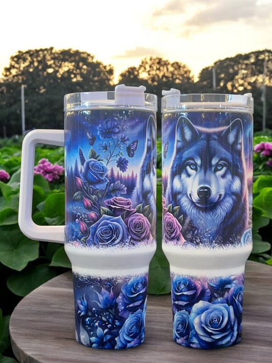 Fierce meets floral, Wolf Blue Purple Roses holographic shimmer 40oz Stainless Steel Thirst Quencher Travel Cup Tumblers (Copy)