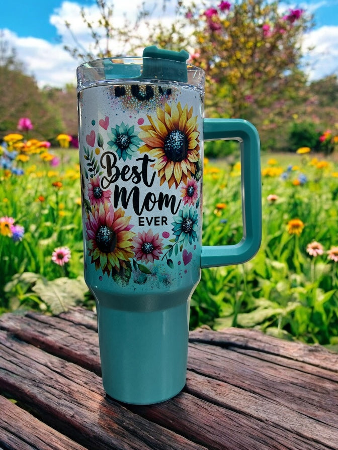 Best Mom Ever Holographic Sparkle- 40oz Stainless Steel Portable Cup with Handle