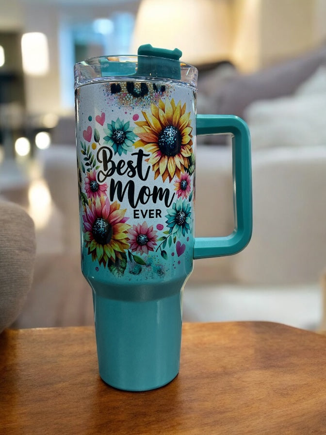 Best Mom Ever Holographic Sparkle- 40oz Stainless Steel Portable Cup with Handle