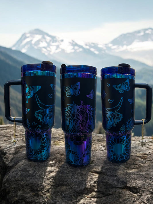Cows and Sunflowers rainbow Engraved- 40oz Stainless Steel Portable Cup with Handle