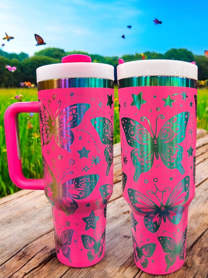 Butterfly Engraved Rainbow 40oz Stainless Steel Thirst Quencher Travel Cup Tumblers