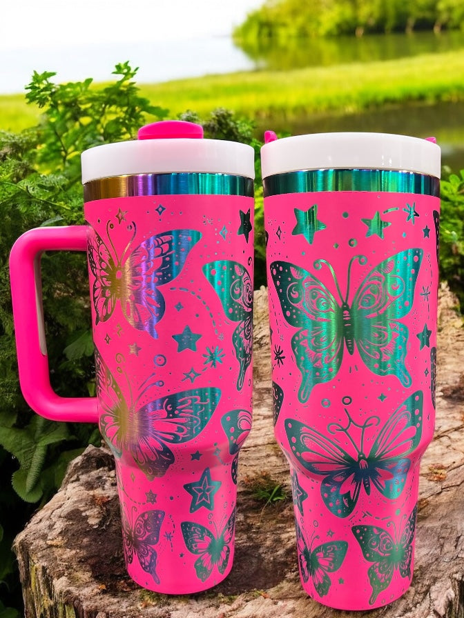Butterfly Engraved Rainbow 40oz Stainless Steel Thirst Quencher Travel Cup Tumblers