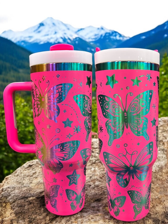 Butterfly Engraved Rainbow 40oz Stainless Steel Thirst Quencher Travel Cup Tumblers