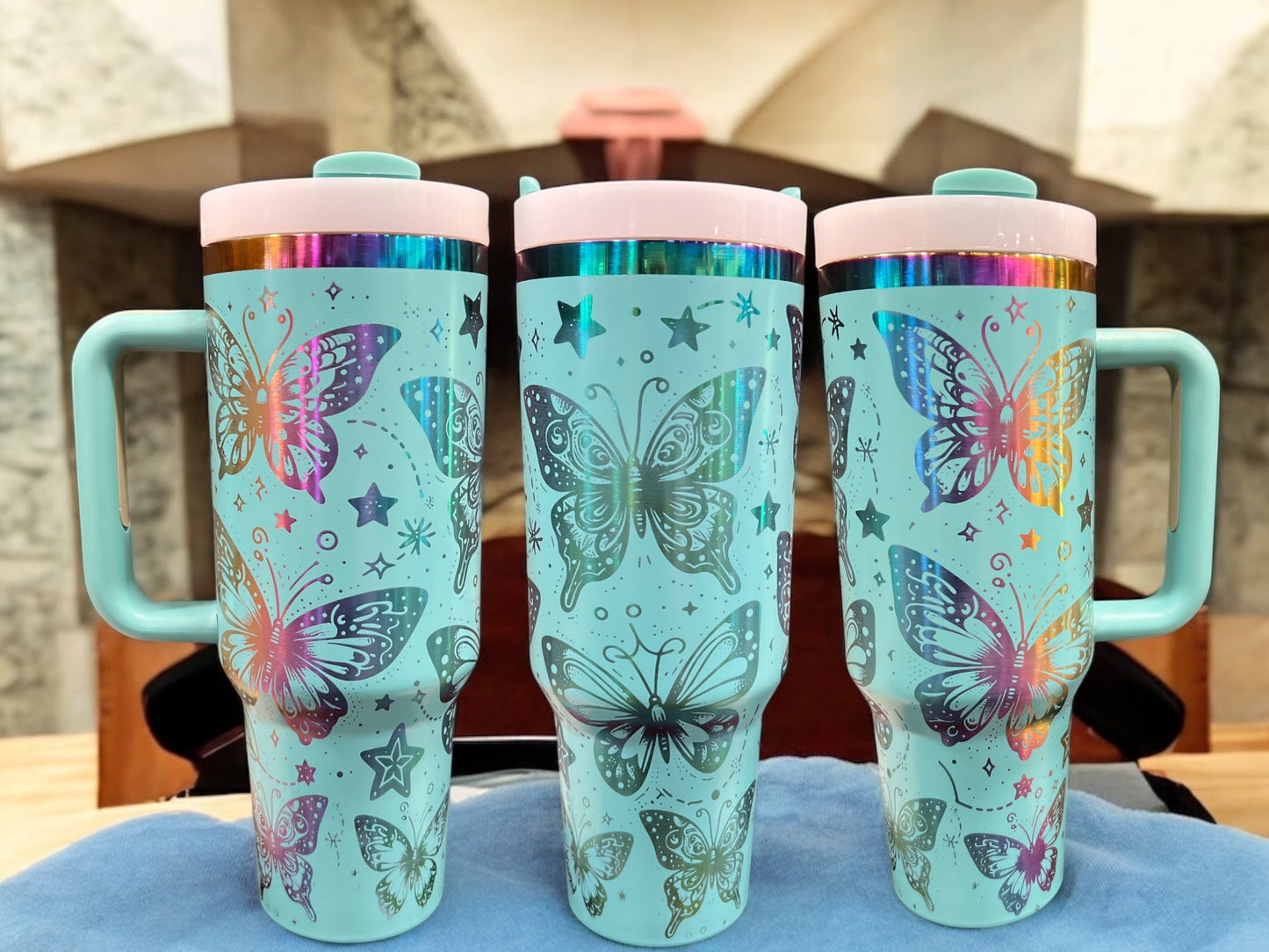 Butterfly Engraved Rainbow 40oz Stainless Steel Thirst Quencher Travel Cup Tumblers