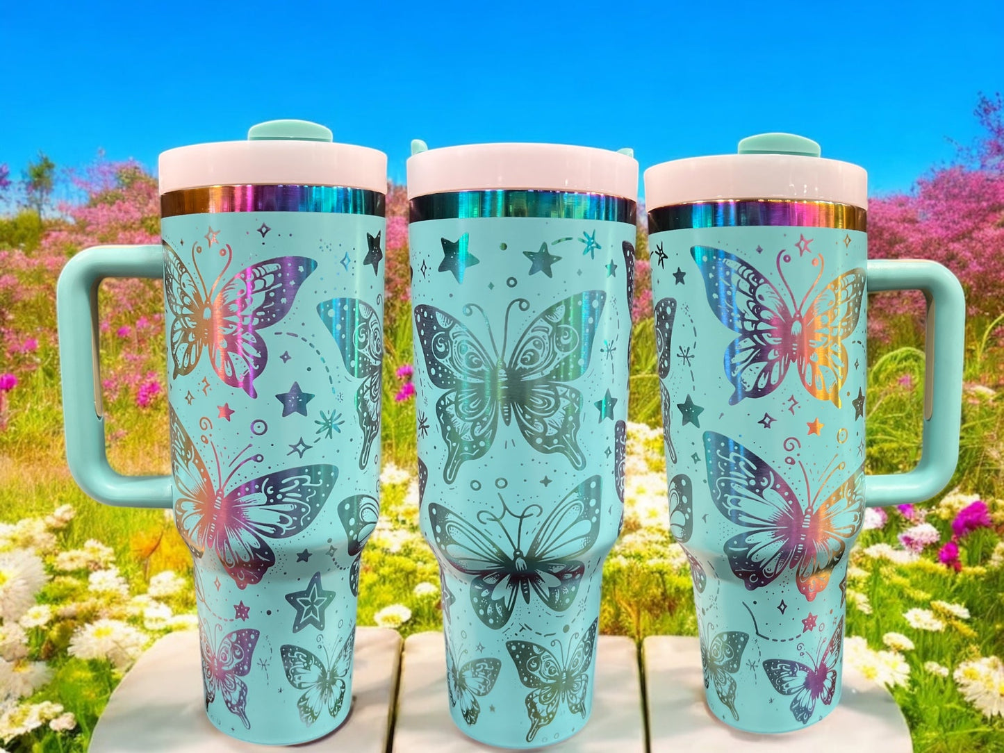 Butterfly Engraved Rainbow 40oz Stainless Steel Thirst Quencher Travel Cup Tumblers