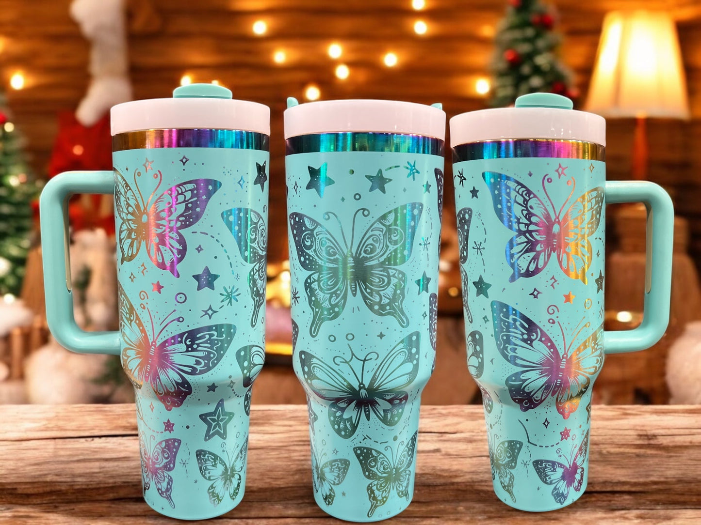 Butterfly Engraved Rainbow 40oz Stainless Steel Thirst Quencher Travel Cup Tumblers