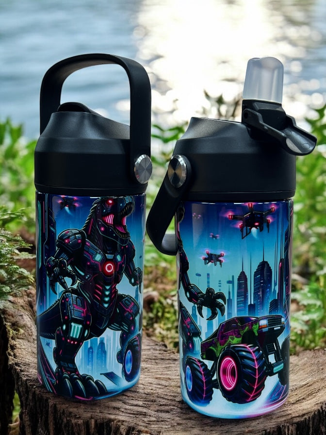🤖🚛 FUEL UP WITH FUN! 🚛🤖 12oz Stainless Steel Kids Water Bottle – Robot Monster Truck Design