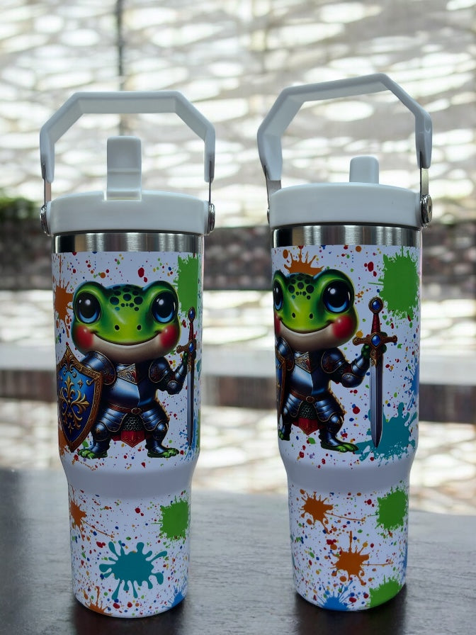 🐸🗡️ FIGHT THIRST LIKE A HERO! 🛡️🐸 30oz Stainless Steel Water Bottle – Frog with Sword & Armor Design