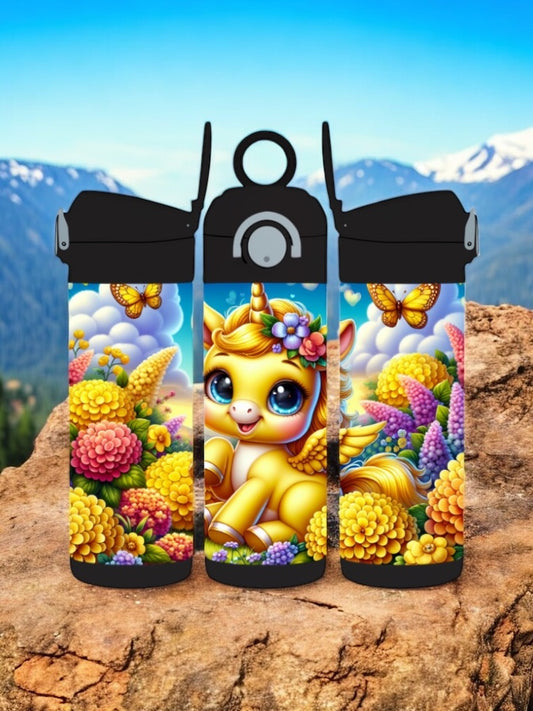 12oz kids Stainless steel water bottles - Yellow Unicorn