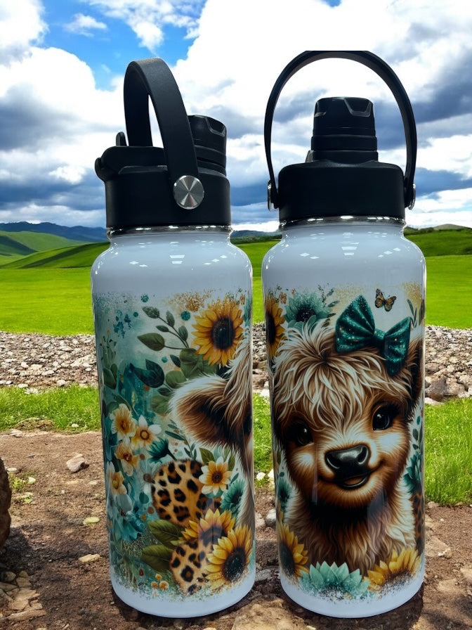 Teal Bow  Cow in bucket 32 ounces Sports Water Bottles