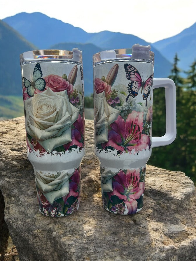Butterflies and Lillys Beautiful Holographic Sparkle 40oz Cup Water Bottles - Reusable Portable Drinkware for Everyday Use