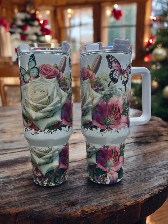 Butterflies and Lillys Beautiful Holographic Sparkle 40oz Cup Water Bottles - Reusable Portable Drinkware for Everyday Use