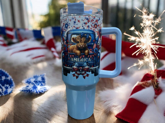 America 4Th of July Cow  Beautiful Holographic Sparkle 40oz Cup Water Bottles