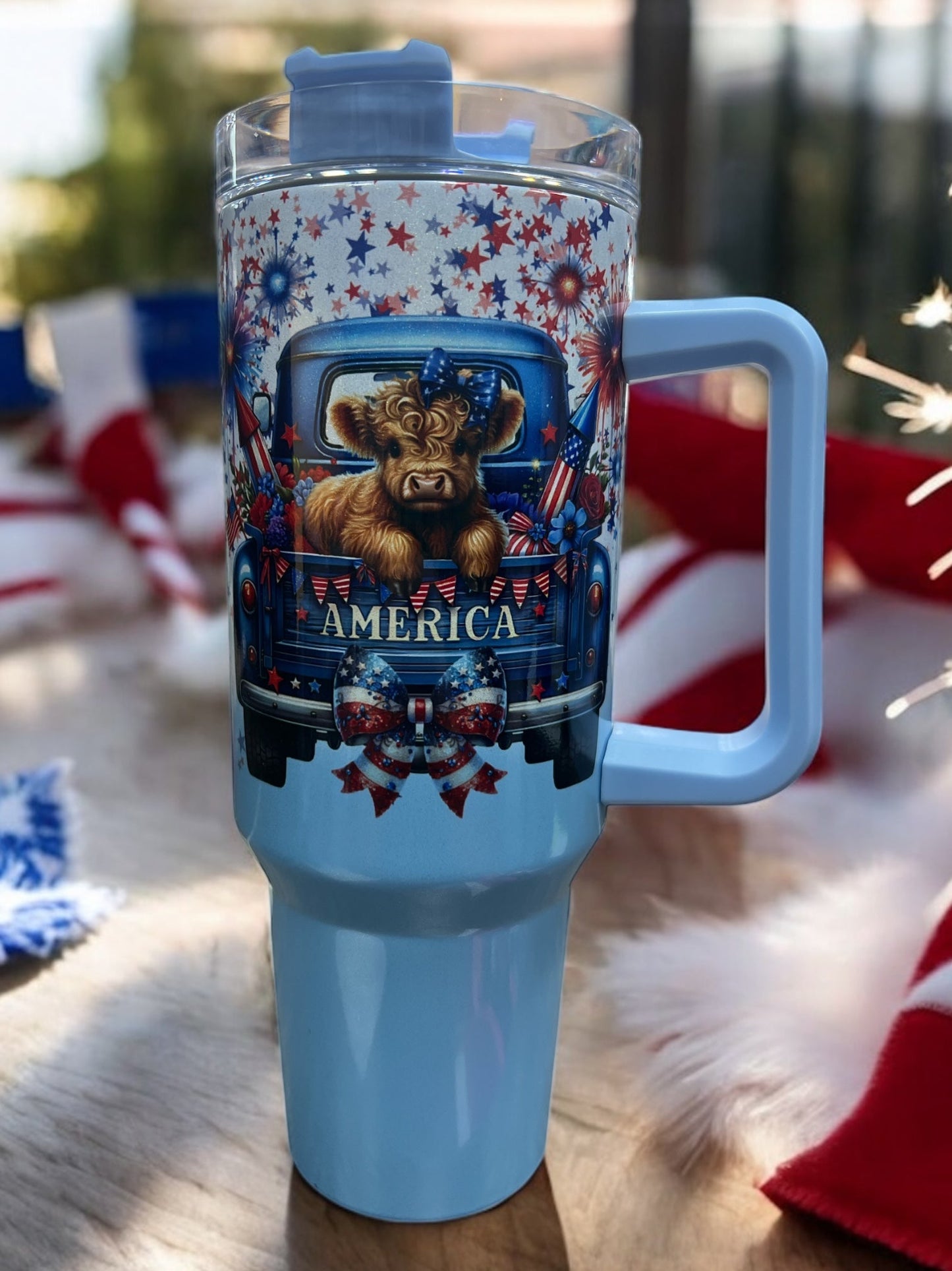 America 4Th of July Cow  Beautiful Holographic Sparkle 40oz Cup Water Bottles
