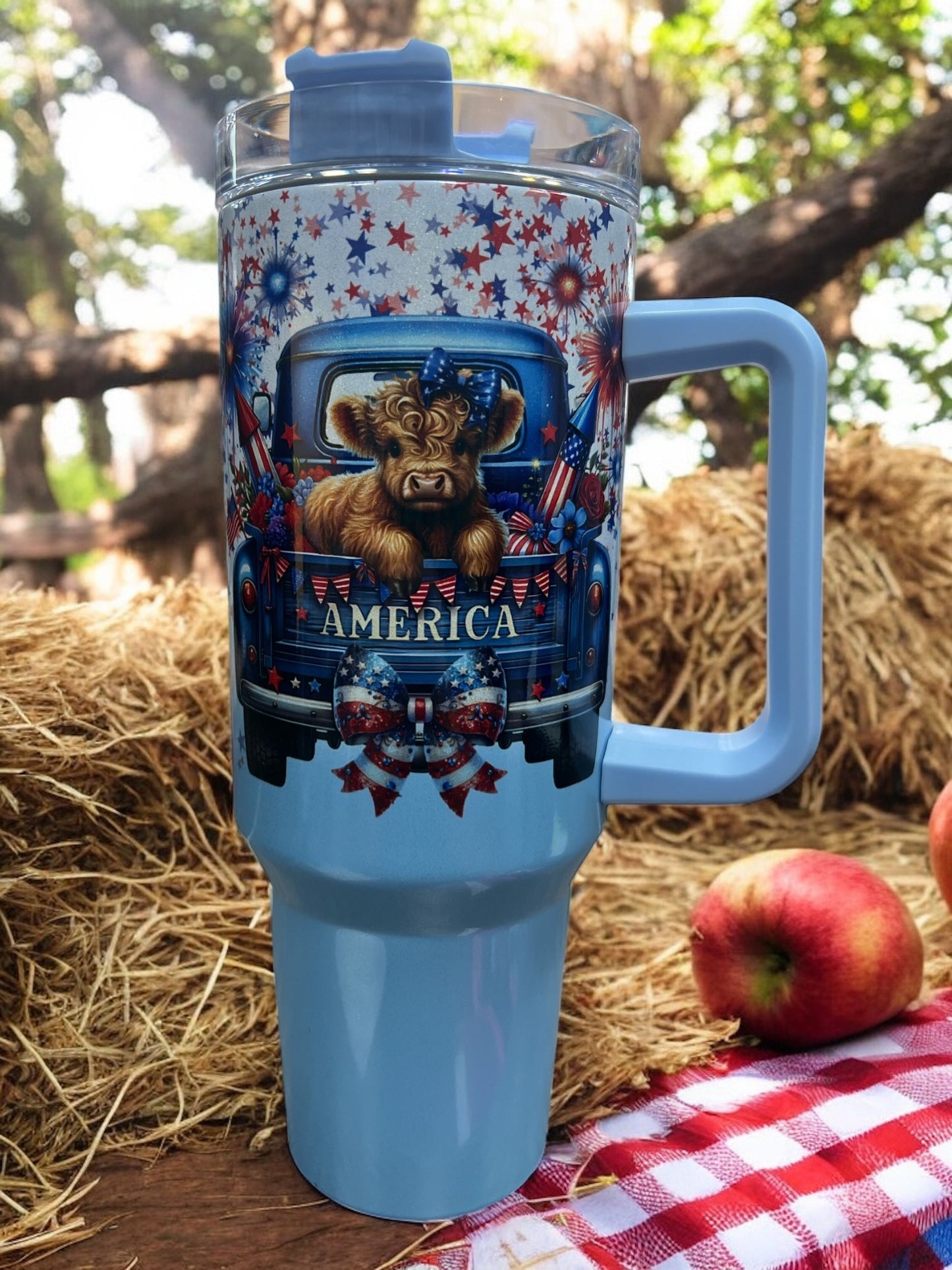 America 4Th of July Cow  Beautiful Holographic Sparkle 40oz Cup Water Bottles