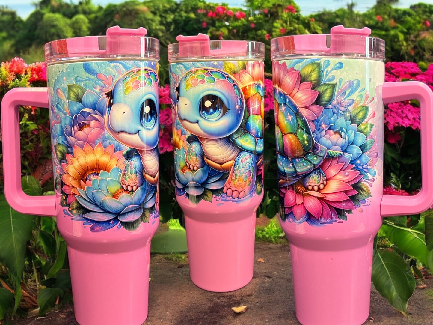 40oz Stanley Style Thirst Quencher Tumblers -Turtle  Purple /white  holographic glitter