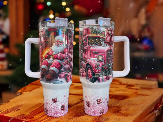 40oz HOLOGRAPHIC Shimmer Stanley Style- Pink Christmas Santa