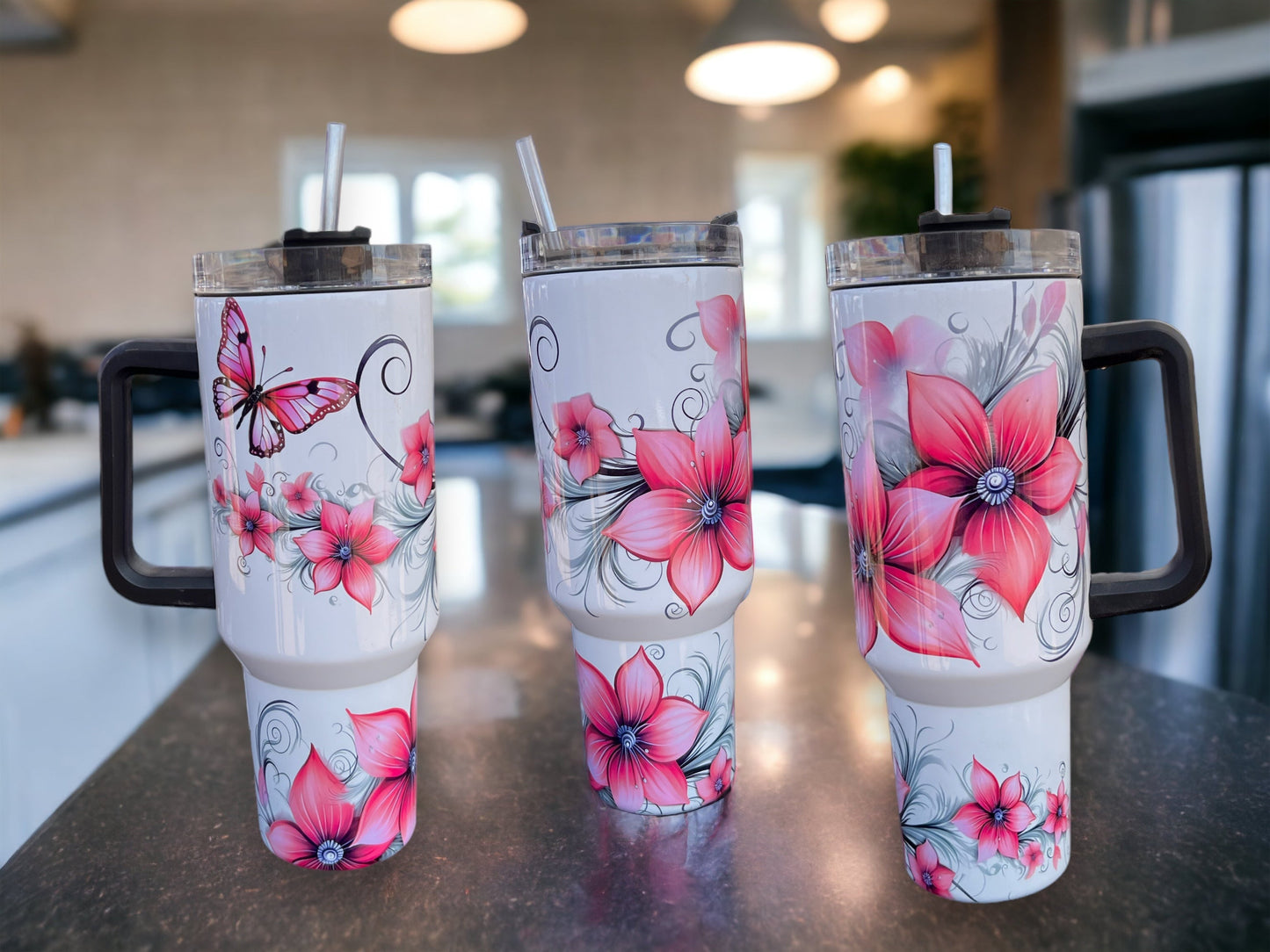 Bright & Beautiful – 40oz Stainless Steel Thirst Quencher with Pink Flowers & Butterflies