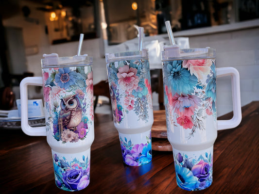 Nature-Inspired Elegance – 40oz Stainless Steel Thirst Quencher with Owl & Flowers Design