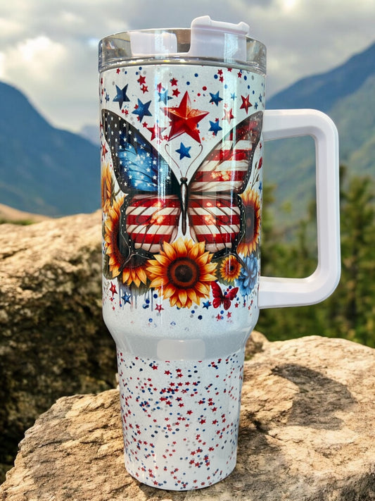Butterfly 4Th of July Sunflower Holographic Sparkle Stainless Steel 40oz Insulated Cup Water Bottles