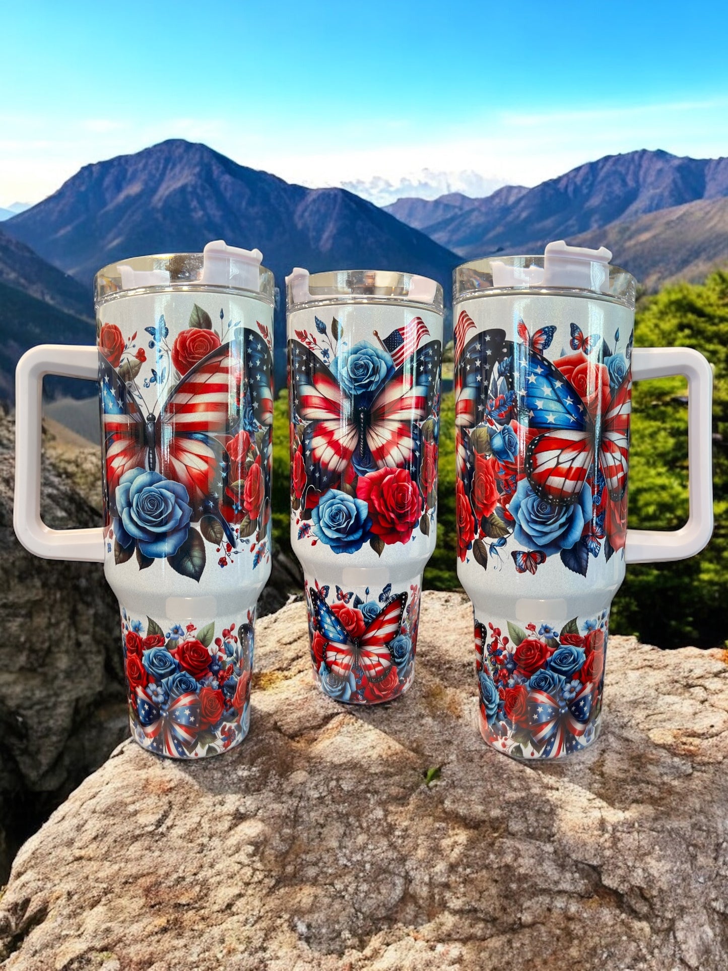 🦋 Butterfly 4Th of July Patriotic Holographic Sparkle Stainless Steel 40oz Insulated Cup Water Bottles