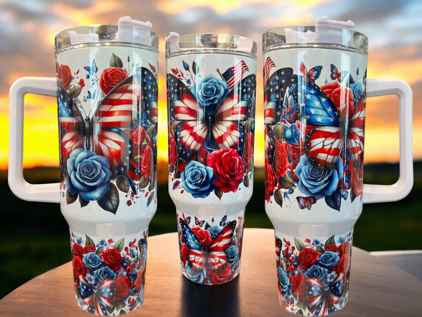 🦋 Butterfly 4Th of July Patriotic Holographic Sparkle Stainless Steel 40oz Insulated Cup Water Bottles