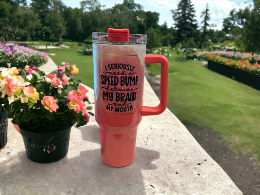 40oz Stanley Style Thirst Quencher Tumblers - light pink/white holographic sparkle -I Need a Speed Bump