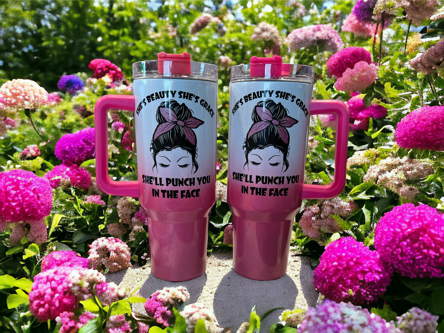 40oz Stanley Style Thirst Quencher Tumblers - she’s beauty she’s grace she’ll punch you in the face- pink /white holographic shimmer