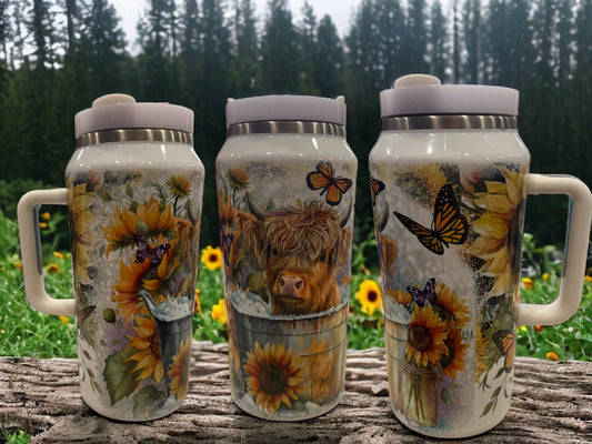 64oz Stanley Style Thirst Quencher- Cow in tub with butterflies