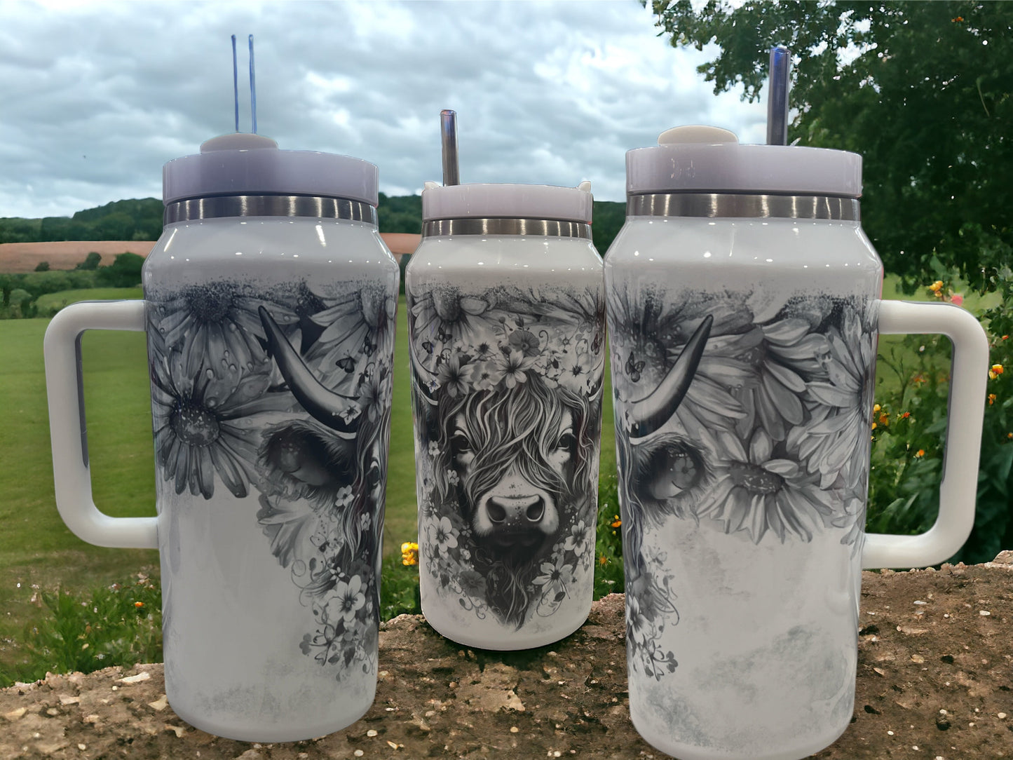 64oz Stanley Style Thirst Quencher- Blacl and White Cow