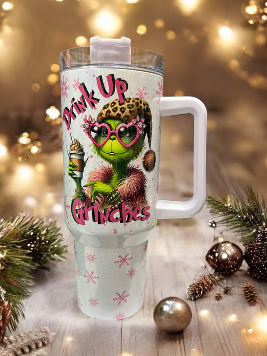 40oz HOLOGRAPHIC Shimmer Stanley Style- Pink Glasses  Green Women Christmas