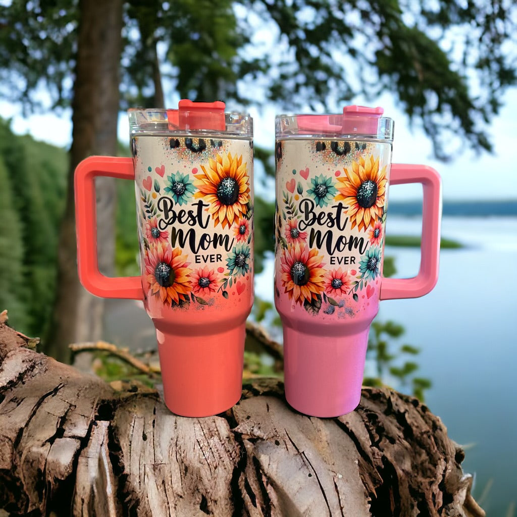 Best Mom Ever Holographic Sparkle- 40oz Stainless Steel Portable Cup with Handle