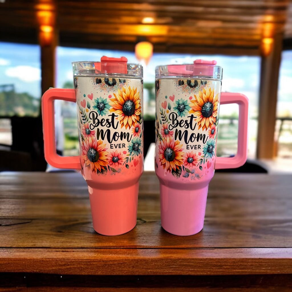 Best Mom Ever Holographic Sparkle- 40oz Stainless Steel Portable Cup with Handle