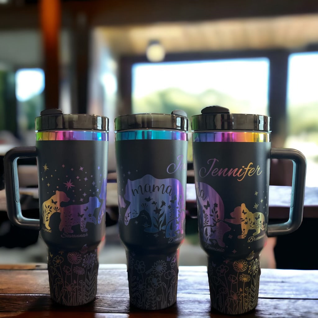 Engraved Rainbow Mama Bear with name, 2 cubs -40oz Stainless Steel Cup with handle