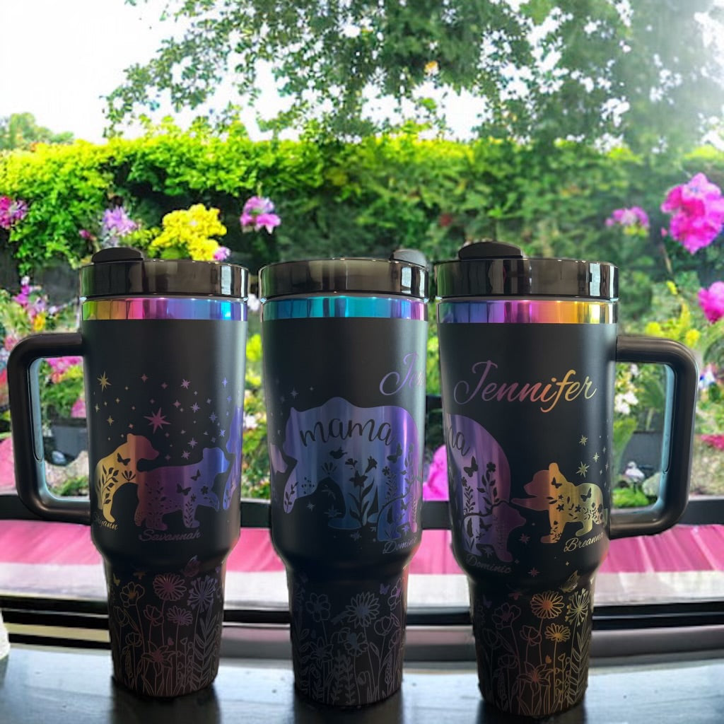 Engraved Rainbow Mama Bear with name, 2 cubs -40oz Stainless Steel Cup with handle
