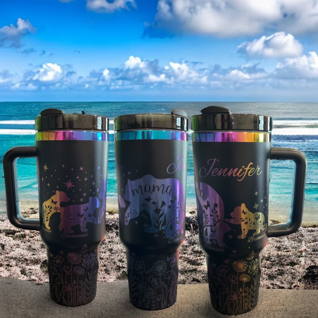 Engraved Rainbow Mama Bear with name, 2 cubs -40oz Stainless Steel Cup with handle